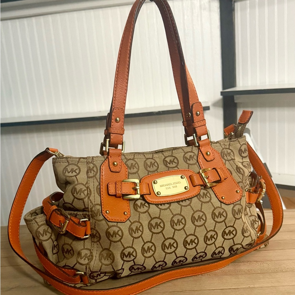 Michael Kors Monogram Gansevoort Beige Tangerine Canvas Leather Satchel Bag - Picture 3 of 16